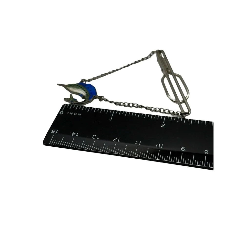 Vintage Tie Bar Clip Enamel‎ Swordfish Silver Tone Dangle Chain Nautical Fish